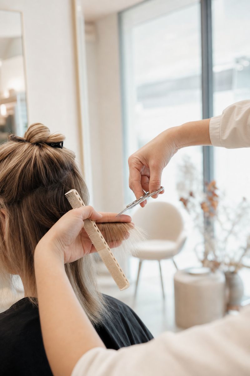 Helles Stimmungsbild: Hände schneiden eine Haarsträhne mit der Schere, kein Gesicht sichtbar